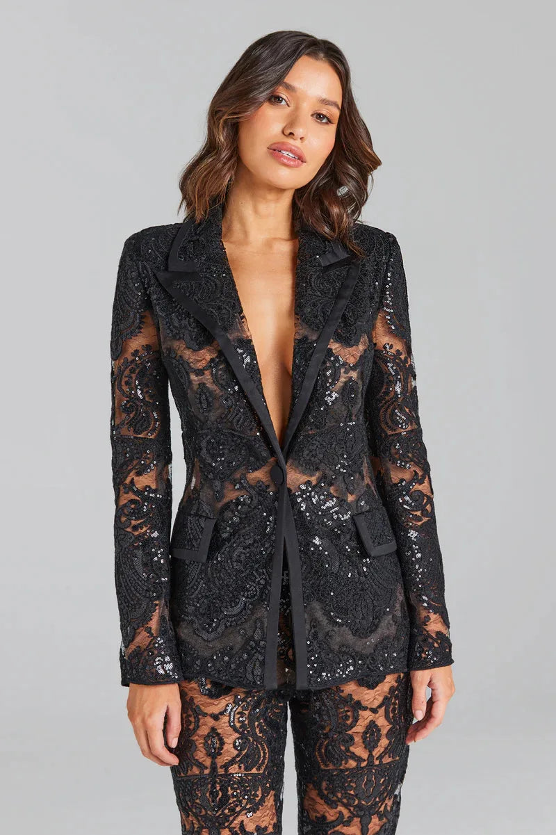 BLACK LACE TRANSPARENT BLAZER PANT SET