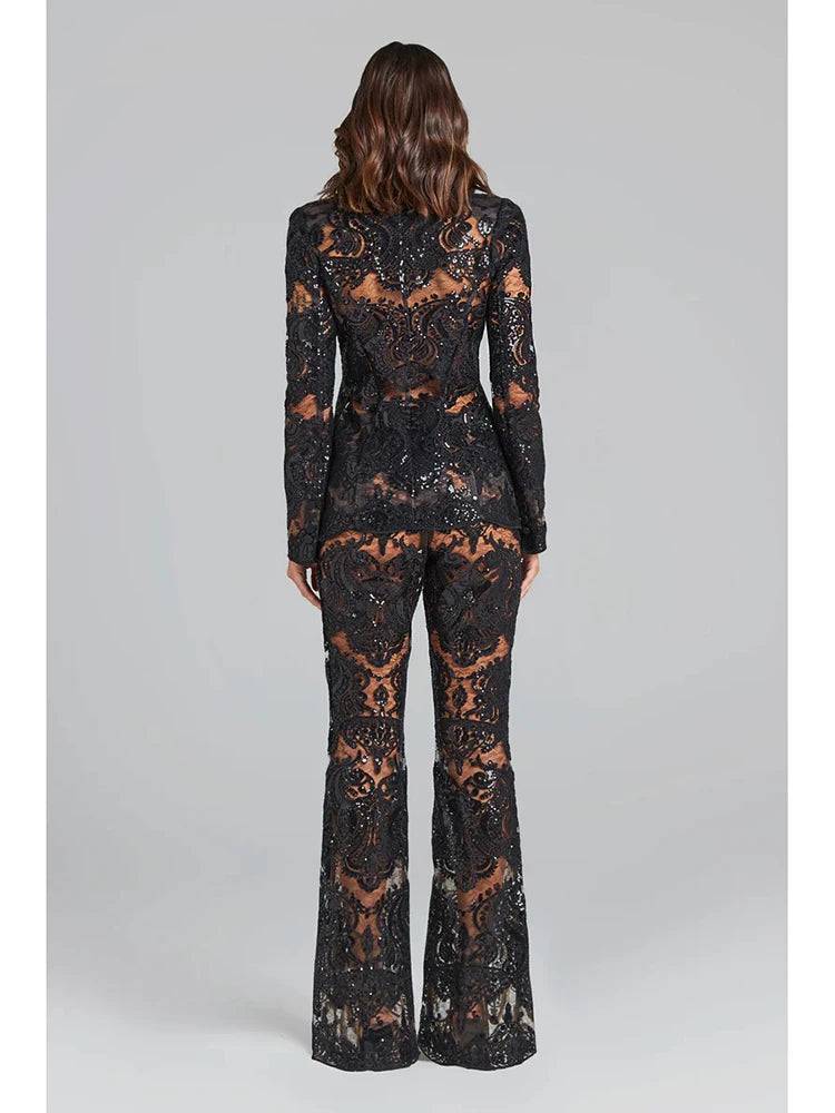 BLACK LACE TRANSPARENT BLAZER PANT SET