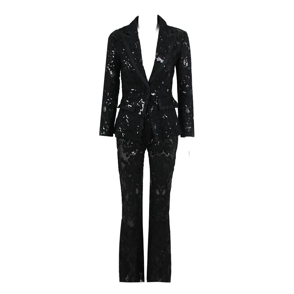 BLACK LACE TRANSPARENT BLAZER PANT SET