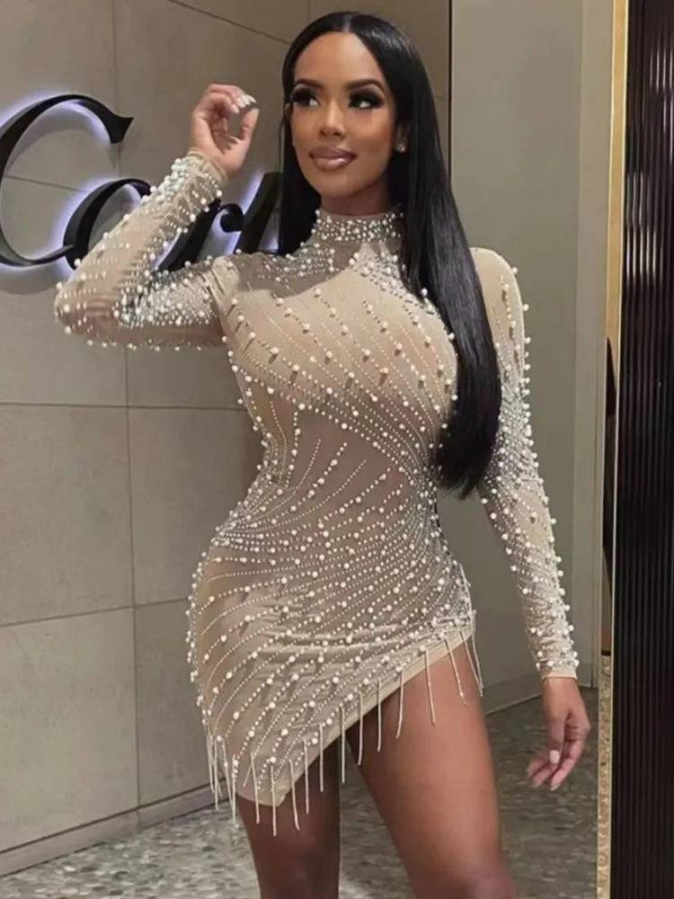 SEXY TURTLENECK MESH DRESS WITH DIAMONDS