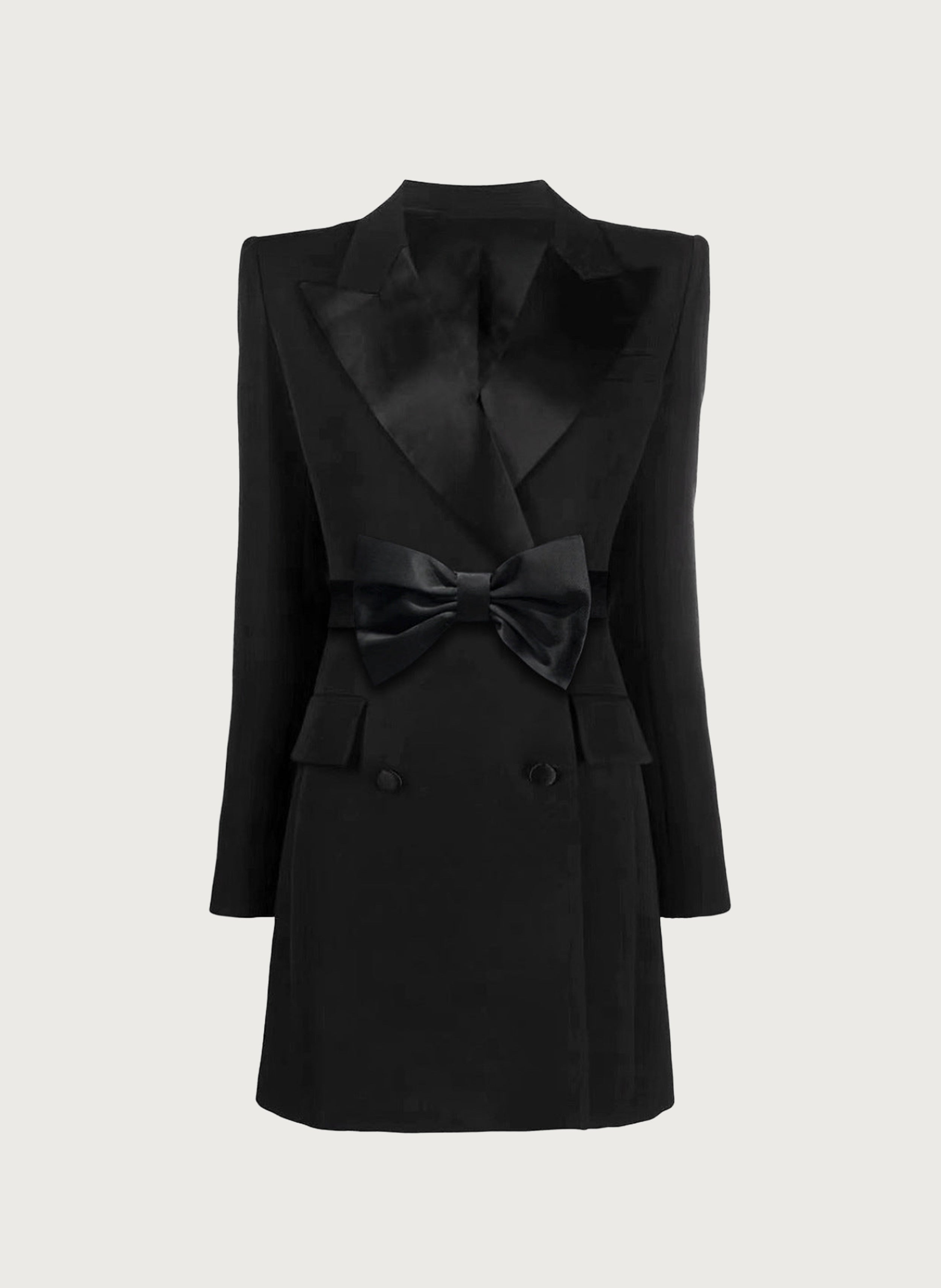 SLEEK ELEGANCE BOW-BELTED BLACK BLAZER DRESS