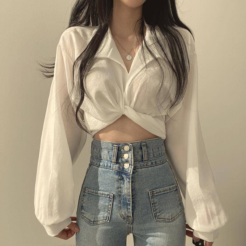 Cream Sheen Blouse Crop Top